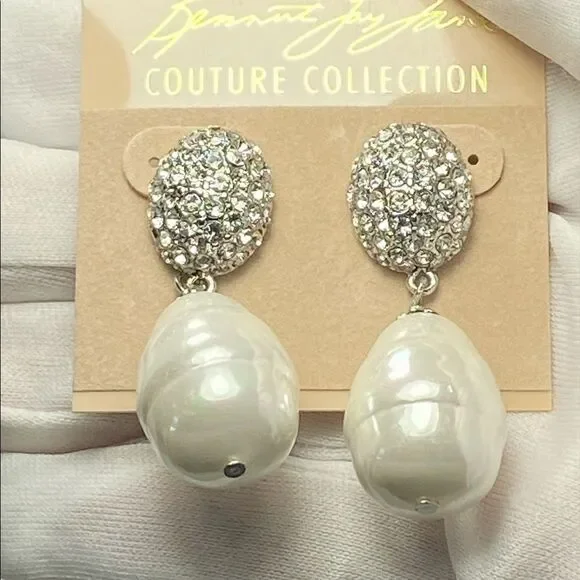 Kenneth Jay Lane White Pearl Drop Earrings with Rhinestone Studs - Picture 3 of 5